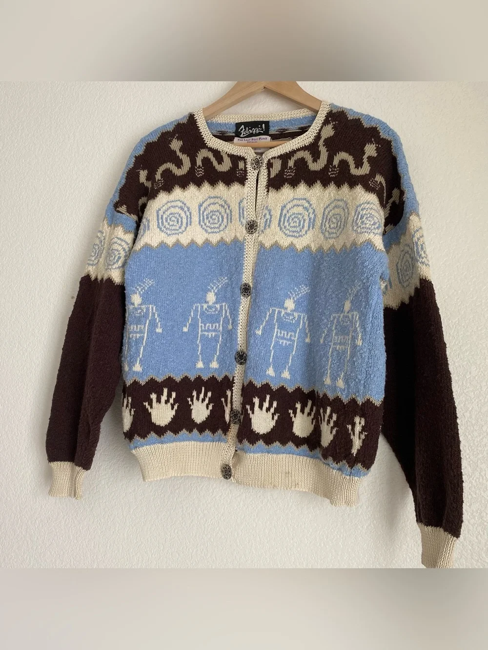Vintage Felizzi hieroglyphic parietal art hand loomed knitted cardigan sweater - Picture 11 of 16